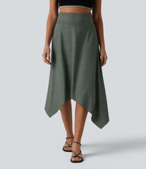 High Waisted Hanky Hem Stripe Flowy Midi Casual Skirt