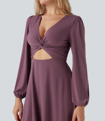 V-neck Cut-out Long Sleeve Zipper Mini Dress