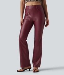 High Waisted Stretchy PU Bootcut Casual Pants with Pockets