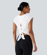 Round Neck Cap Sleeve Tie Back Curved Hem Yoga Sports Top