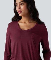 V-neck Long Sleeve Curved Hem Relaxed Casual T-Shirt with Pocket