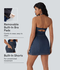 Halara Flex™ Halter Bodycon 2-Piece InstantCool Washed Denim Mini Tennis Active Dress with Pockets
