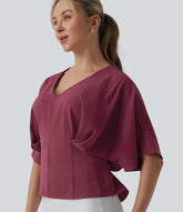 Deep V-neck Batwing Sleeve Tie-back Casual Top