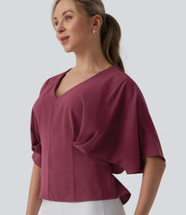 Deep V-neck Batwing Sleeve Tie-back Casual Top