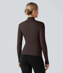 Ribbed Stand Collar Long Sleeve Work T-Shirt