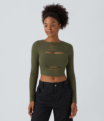DayStretch Round Neck Long Sleeve Cut Out Ripped Skinny Cropped Casual Top