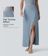 Ribbed Knit High Waisted Tummy Control Maxi Casual Skirt with Pocket