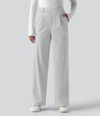High Waisted Straight Leg Stripe Work Pants with Pockets
