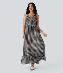 Tie Back Ruffle Hem Plaid Flowy Maxi Casual Dress