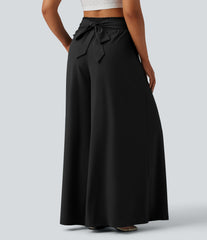Breezeful™ High Waisted Shirred Tie Front Flowy Quick Dry Baggy Pants with Pockets