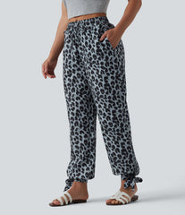 Mid Rise Drawstring Knot Hem Leopard Print Casual Joggers with Pokcets