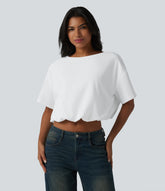 Durable Water Repellent Round Neck Short Sleeve Bubble Hem Casual Top