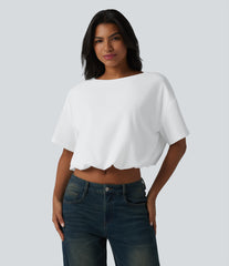 Durable Water Repellent Round Neck Short Sleeve Bubble Hem Casual Top