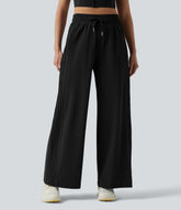 High Waisted Drawstring Wide Leg Quick Dry Running Pants with Pockets