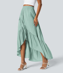High Waisted High Low Ruffle Hem Flowy Maxi Skirt
