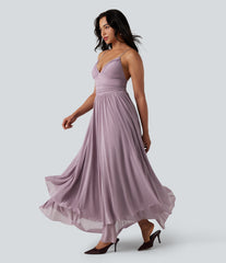 Built-in Bra Lace Up Mesh Layered Maxi Dress