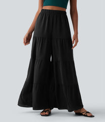 High Waisted Wide Leg Flowy Linen-Feel Pants with Pockets