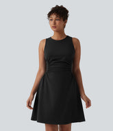 Round Neck Sleeveless Ruched Mini Work Dress with Pockets