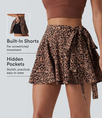 High Waisted Tie Side 2-in-1 Leopard Print Flowy Mini Tennis Skirt with Pocket