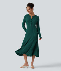 Ribbed Knit Henley Neck Long Sleeve Flowy Midi Casual Dress