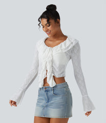 Tie-neck Flounce Long Sleeve Asymmetric Ruffle Trim Casual Lace Top