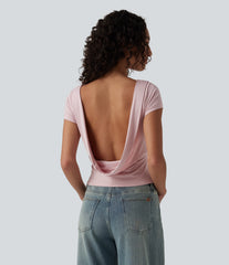 Boat Neck Short Sleeve Cowl Back Casual T-Shirt