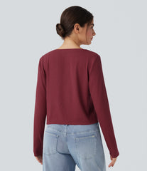 Ribbed Knit Henley Neck Long Sleeve Casual Top