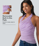 Halter Backless Ruched Mesh Overlay Built-in Bra Resort Tank Top
