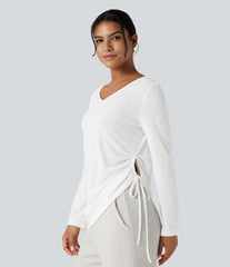 Deep V-neck Long Sleeve Drawstring Hem Casual Top