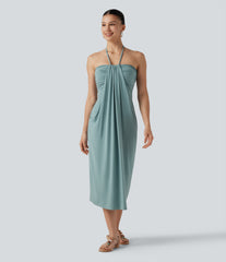 Halter Tie Back Built-in Bra Midi Resort Dress with Pockets