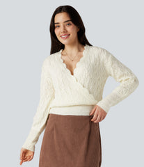 V Neck Long Sleeve Wrapped Casual Sweater