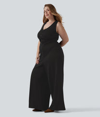 Plus Size V Neck Sleeveless Cut Out Wide Leg InstantCool Stripe Work Jumpsuit with Pockets