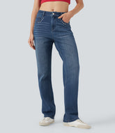 Halara Flex™ Mid Rise Studded Straight Leg Casual Jeans with Pockets
