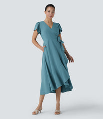Breezeful™ V Neck Short Sleeve Wrapped Tie Pocket Ruffle Flowy Quick Dry Midi Casual Dress