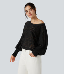 Round Neck Batwing Long Sleeve Hollow Out Casual Sweater