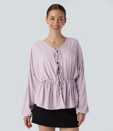 Long Sleeve Lace Up Drawstring Work Blouse