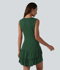 Ribbed V Neck Sleeveless Layered Ruffle Hem Mini Dress