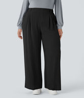 High Waisted Pocket Wide Leg Flowy Casual Linen-Feel Plus Size Pants