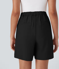High Waisted Zipper Pocket Work Linen-Feel Bermuda Shorts
