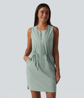 Round Neck Sleeveless Half Zip Drawstring Mini Hiking Active Dress with Pockets