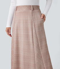 High Waisted A Line Houndstooth Plaid Midi Work Skirt with Pockets