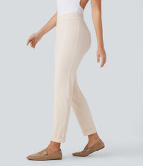 High Waisted Rolled Hem Skinny Tapered Ankle Length Casual Pants