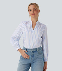 V-neck High Low Striped Print Casual Blouse