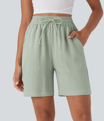 High Waisted Drawstring Casual Linen-Feel Shorts with Pockets