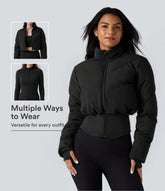 PuffFlex 3-in-1 Stand Collar Casual Cropped Puffer Coat & Thumb Holes Curved Hem Jacket with Pocket