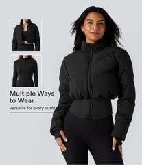 PuffFlex 3-in-1 Stand Collar Casual Cropped Puffer Coat & Thumb Holes Curved Hem Jacket with Pocket