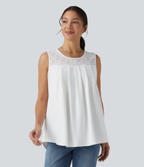 Round Neck Contrast Lace Casual Tank Top