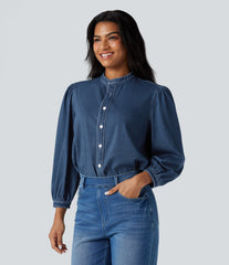 Halara Flex™ Stand Collar Puff 3/4 Sleeve Denim Casual Shirt