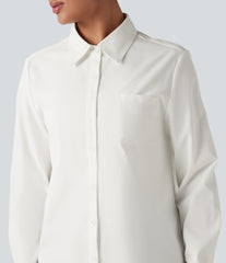 Collar Long Sleeve Curved Hem Work Shirt with Chest Pocket