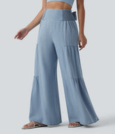 High Waisted Shirred Tie-back Draped Casual Baggy Wide Leg Jeans